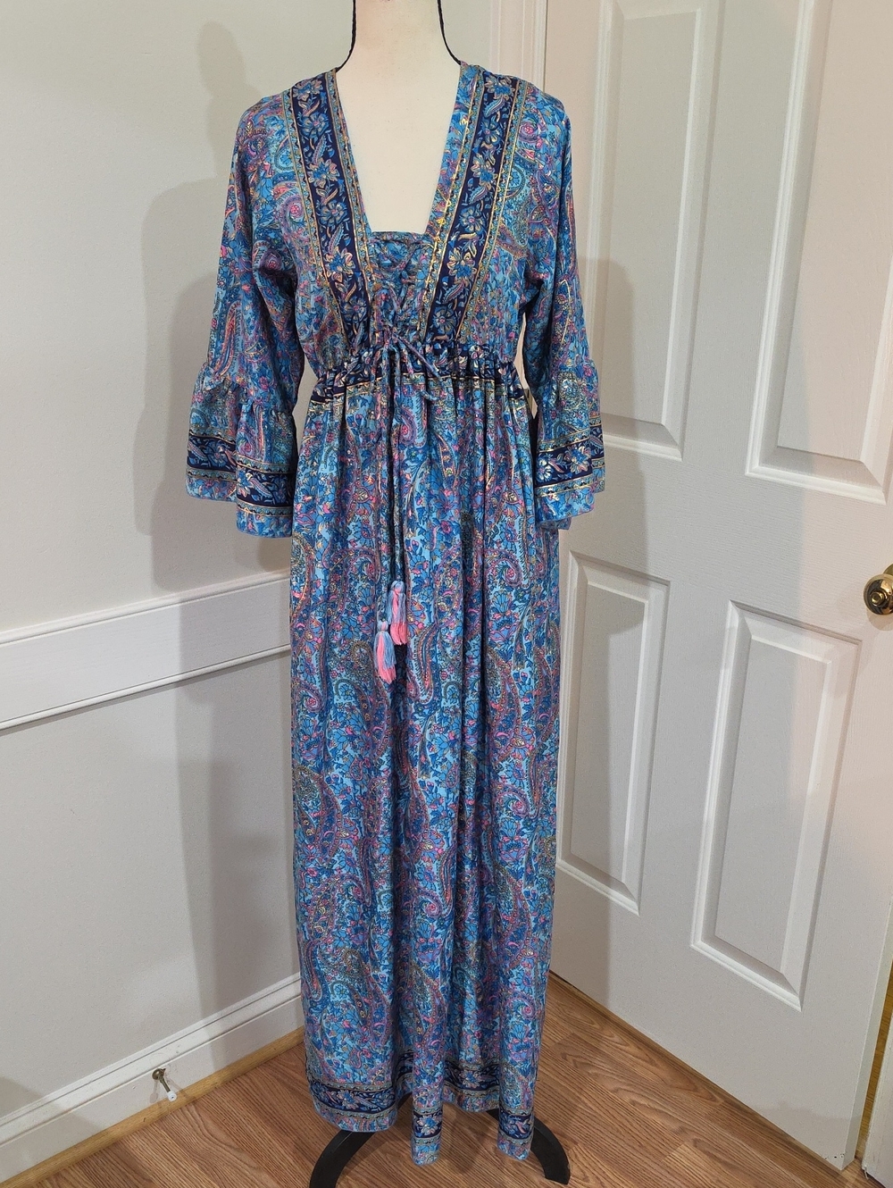 Stelle 100% Silk Boho Paisley Maxi Dress in Teal & Pink